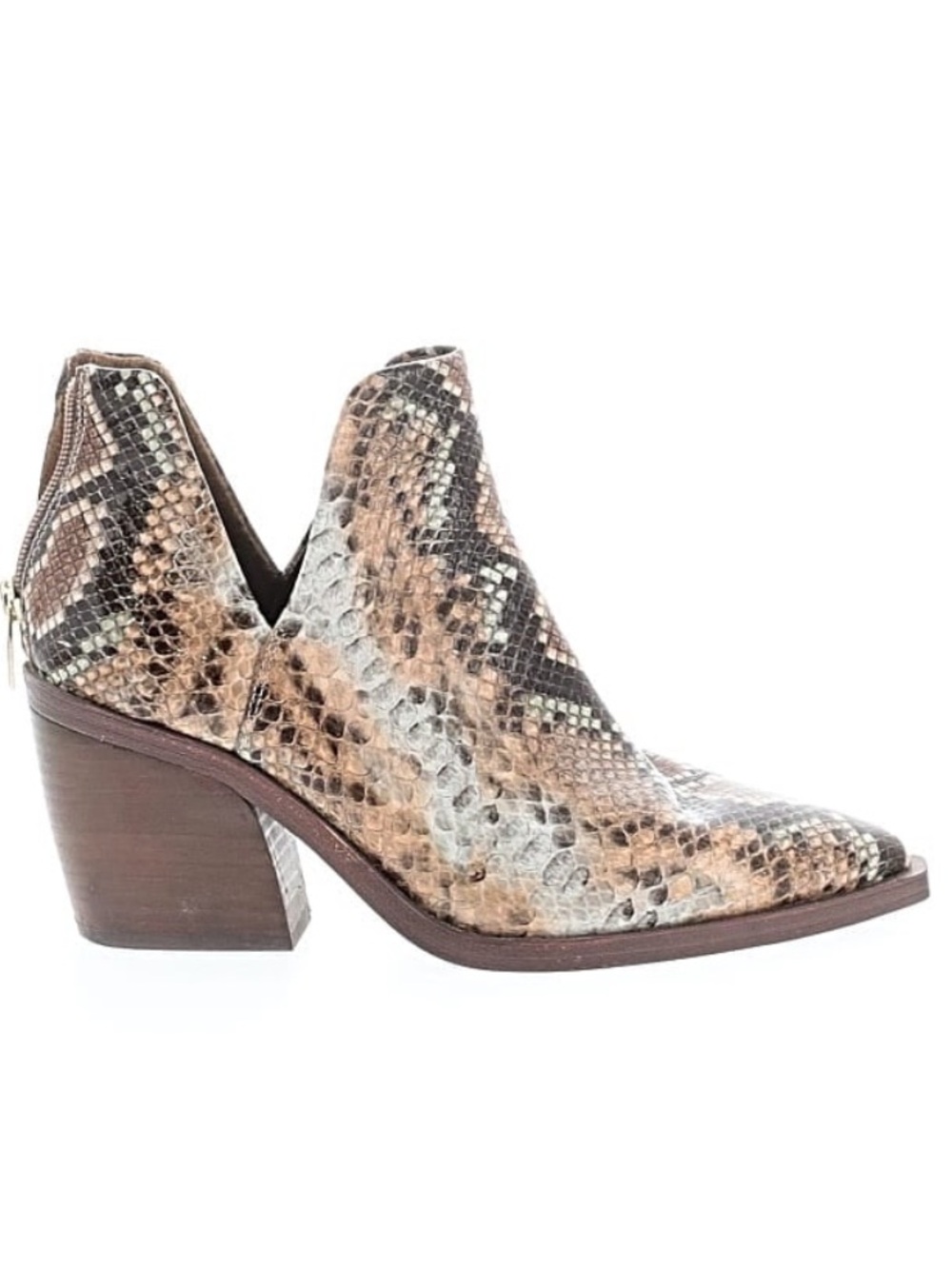 Vince Camuto Real Leather Snake-Print Cutout Ankle Boot in Brown and Tan, Size 7